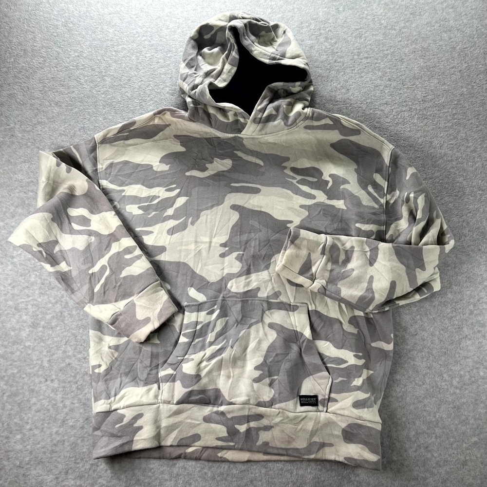 Hollister Hoodie Mens Large Beige Gray Camo Fleece Lined Oversized Fit Pullover